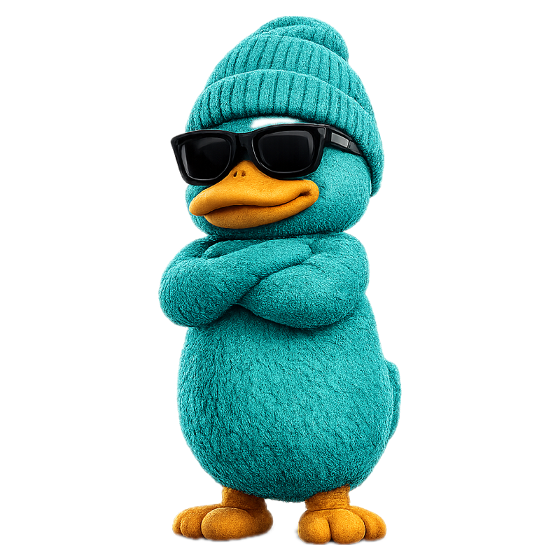 Bopli, a plush teal duck in a beanie and sunglasses