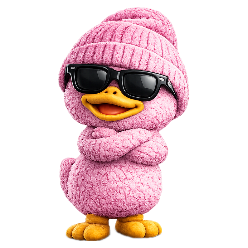 Dopli, a plush pink duck in a beanie and sunglasses